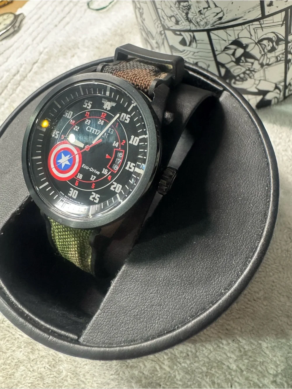 #213 Citizen Men's Black Watch with Red, Blue and White Accents